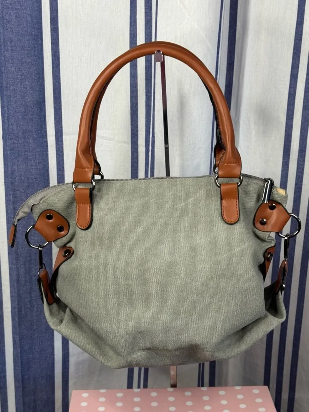 Paris Republique Gray Stamped Canvas Messenger Bag with White Stamp
